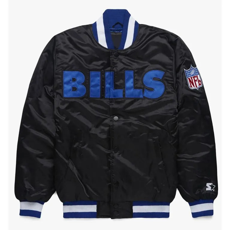 Buffalo Bills Blackout Full-Snap Varsity Black Satin Men's Bomber Jacket