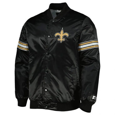 New Orleans Saints Pick and Roll Full-Snap Varsity Black Satin Men's Bomber Jacket