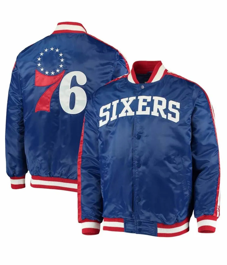 Philadelphia 76ers The Offensive Full-Snap Varsity Royal Blue Satin Men's Bomber Jacket