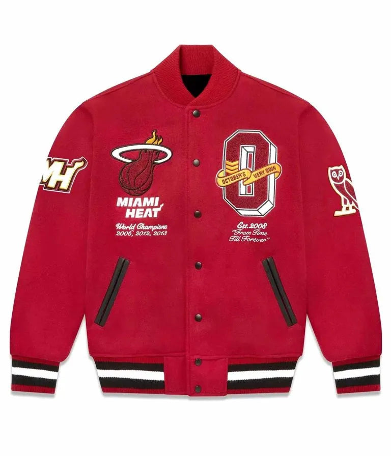 OVO Miami Heat October’s Very Own Full-Snap Varsity Burgundy Wool Men's Bomber Jacket