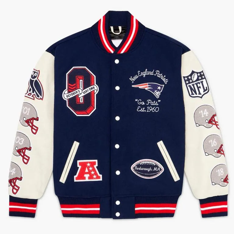 OVO New England Patriots Navy Blue Wool & White Genuine Leather Sleeves Men's Varsity Letterman Jacket