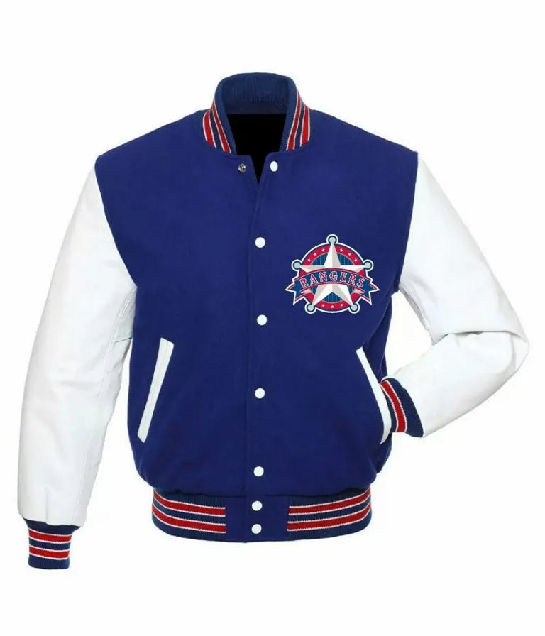 Texas Rangers Blue Wool & White Leather Sleeves Varsity Men's Jacket