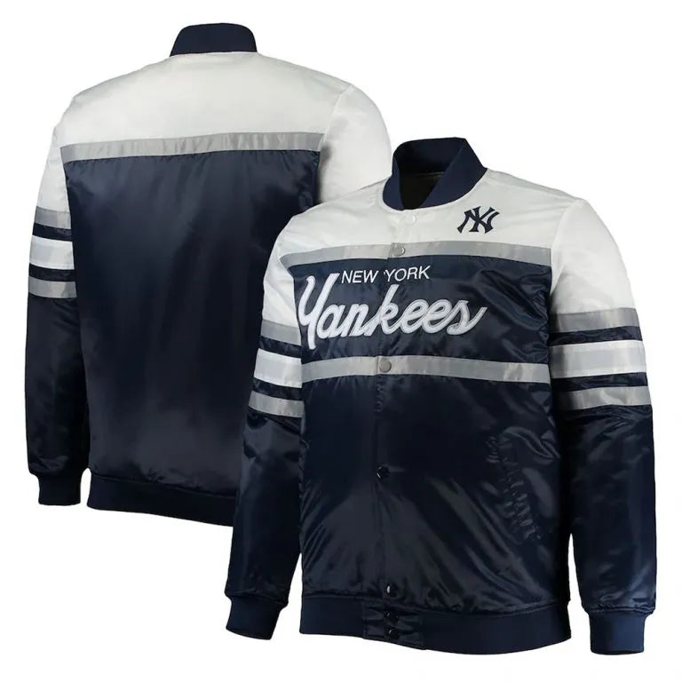 New York Yankees Coaches Navy Blue & White Satin Full-Snap Men's Jacket