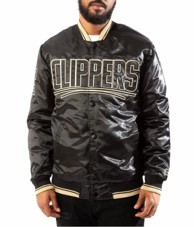 Los Angeles Clippers Full-Snap Varsity Black and Gold Satin Men's Bomber Jacket