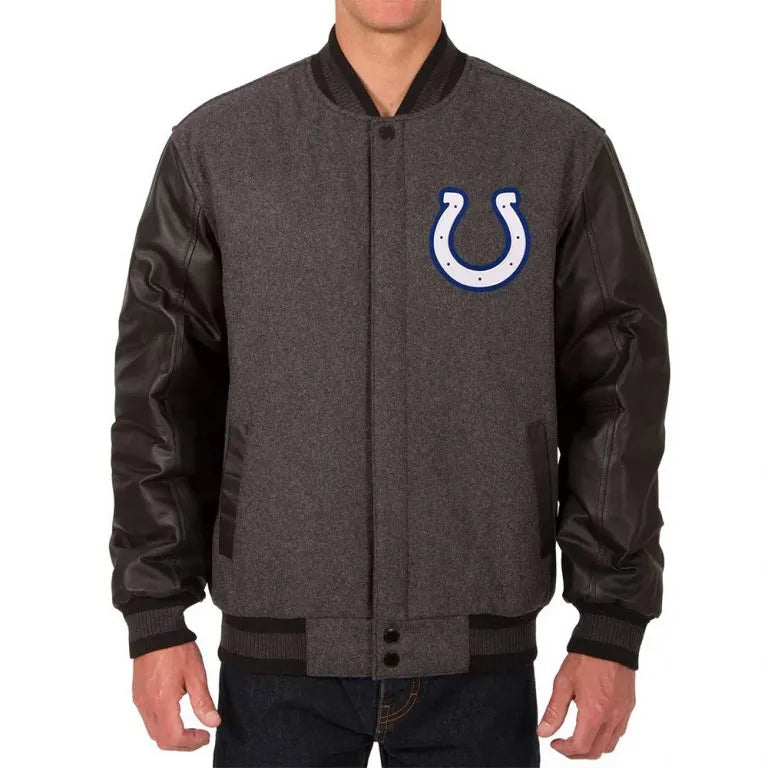 Indianapolis Colts Charcoal Wool and Black Genuine Leather Sleeves Men's Varsity Letterman Jacket