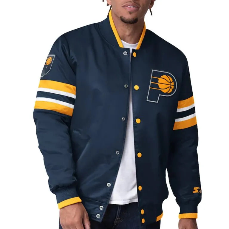 Indiana Pacers Scout I Full-Snap Varsity Navy Blue Satin Men's Bomber Jacket
