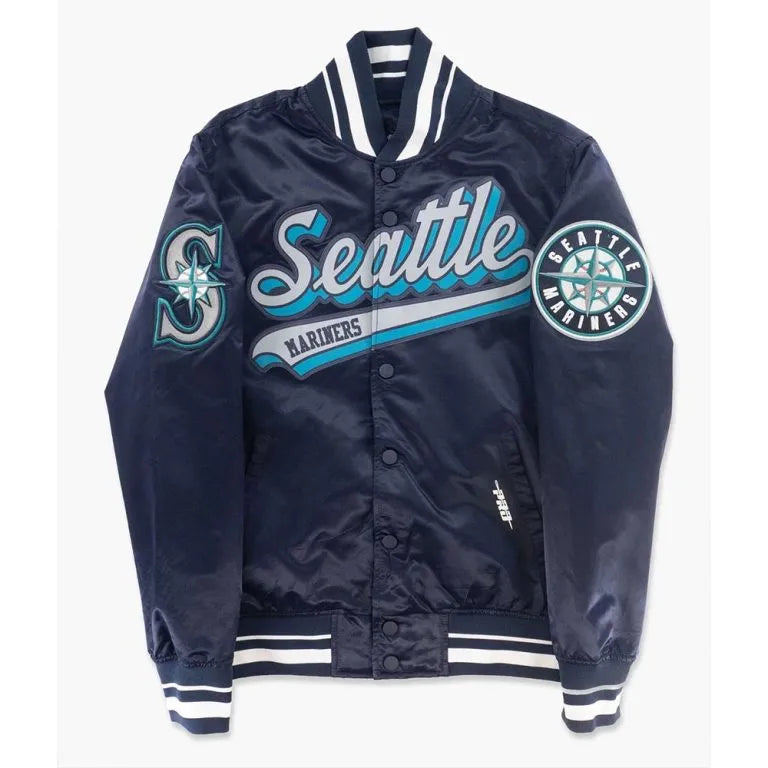 Seattle Mariners Script Tail Full-Snap Varsity Navy Blue Satin Men's Jacket