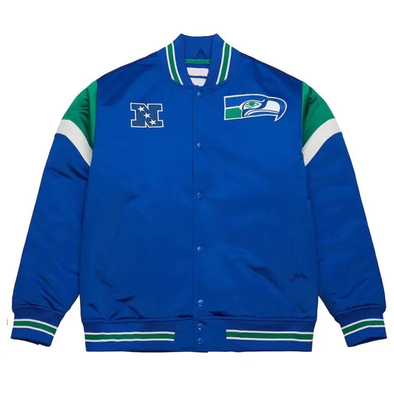 Seattle Seahawks Heavyweight Full-Snap Varsity Royal Blue Satin Men's Bomber Jacket
