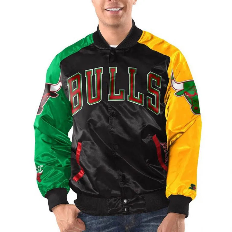 Chicago Bulls Ty Mopkins Full-Snap Varsity Red and Black Satin Men's Bomber Jacket