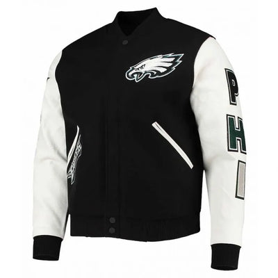 Philadelphia Eagles Black Wool & White Genuine Leather Sleeves Men's Varsity Letterman Jacket