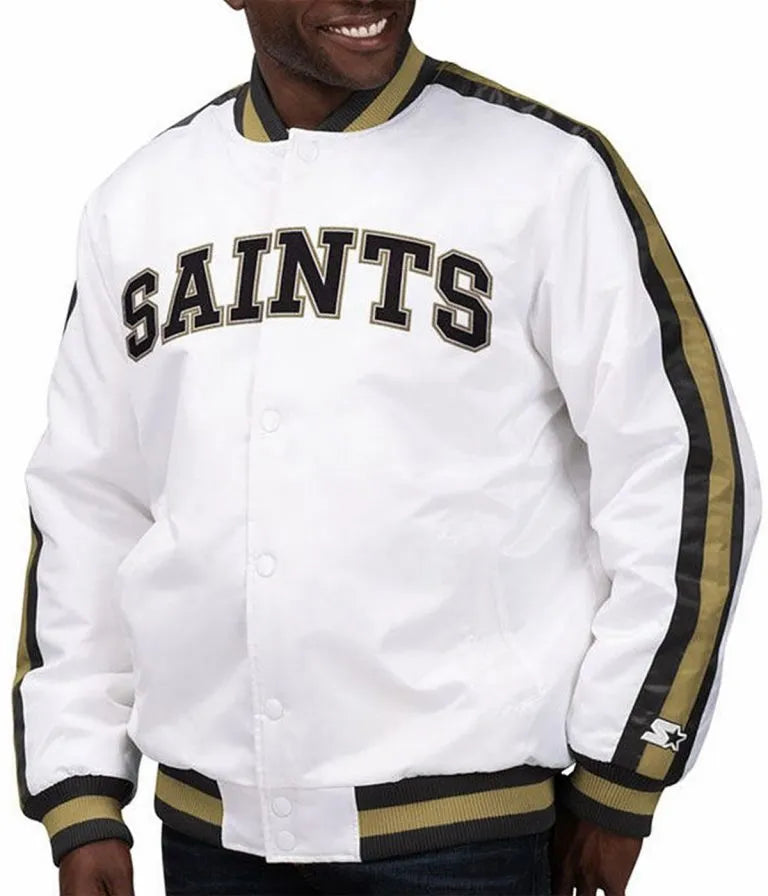 New Orleans Saints The D-Line Full-Snap Varsity White Satin Men's Bomber Jacket