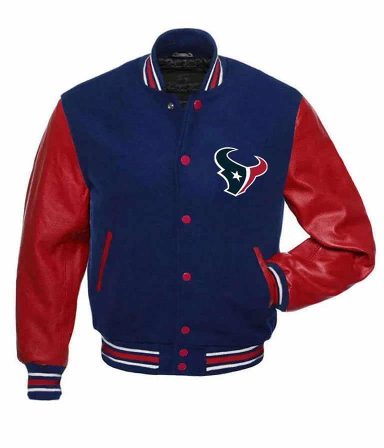 Houston Texans Blue Wool and Red Genuine Leather Sleeves Men's Varsity Letterman Jacket