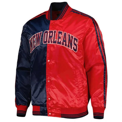 New Orleans Pelicans Fast Break Full-Snap Varsity Red and Navy Blue Satin Men's Bomber Jacket