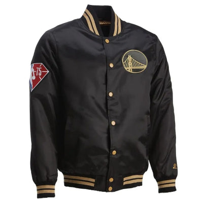 Golden State Warriors 75th Anniversary Full-Snap Varsity Black Satin Men's Bomber Jacket
