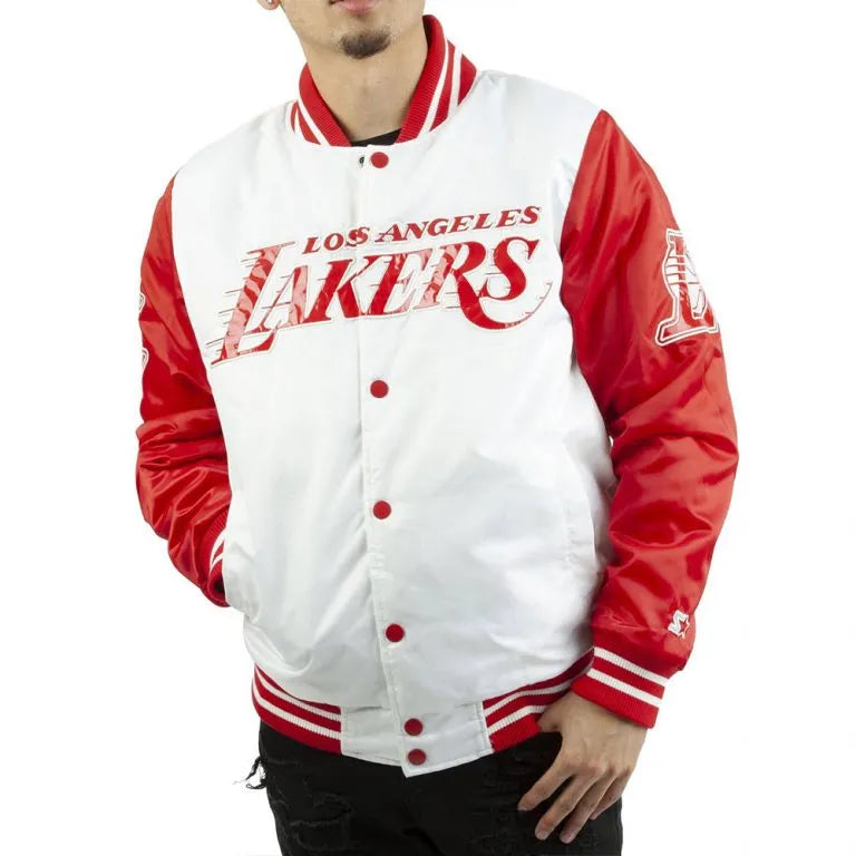 Los Angeles Lakers Full-Snap Varsity White and Red Satin Men's Bomber Jacket