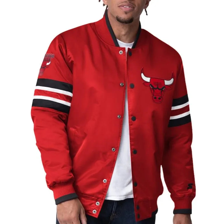 Chicago Bulls Scout I Full-Snap Varsity Red Satin Men's Bomber Jacket