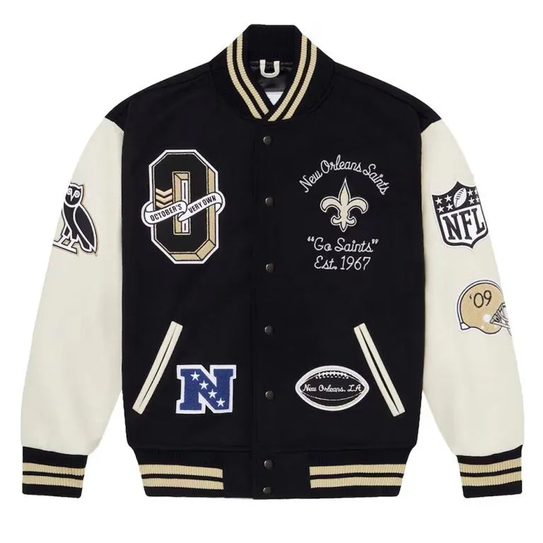 OVO New Orleans Saints Logo Mash Up Black Wool & White Genuine Leather Sleeves Men's Varsity Letterman Jacket