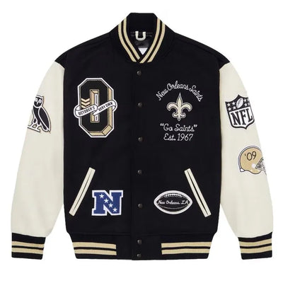 OVO New Orleans Saints Logo Mash Up Black Wool & White Genuine Leather Sleeves Men's Varsity Letterman Jacket