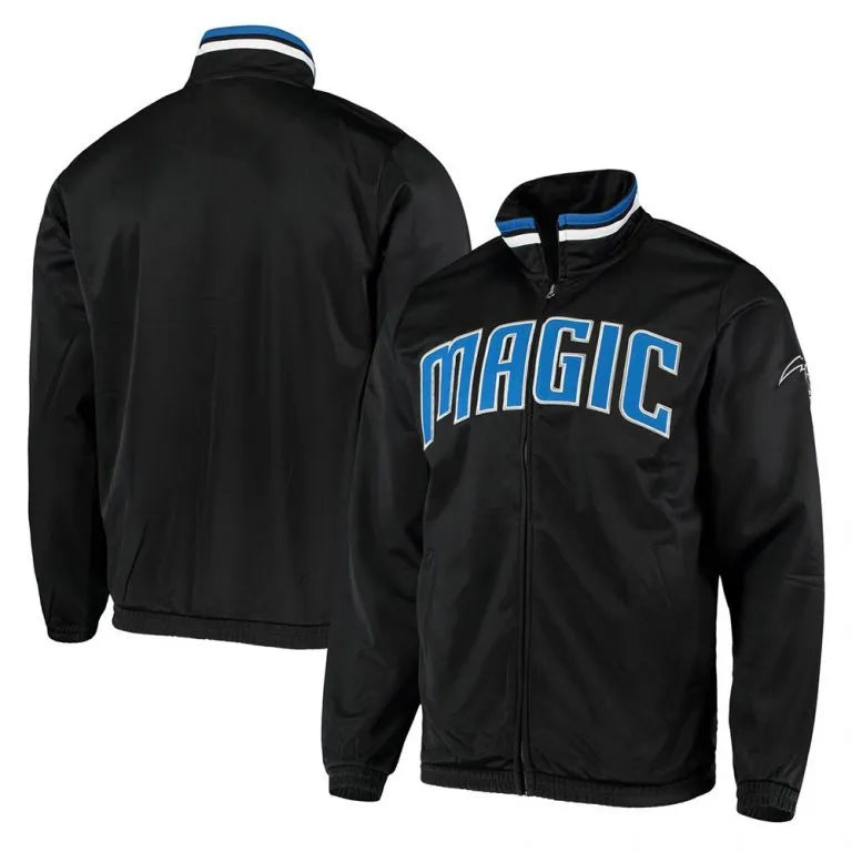 Orlando Magic Threat Tricot Track Full-Snap Varsity Black Satin Men's Bomber Jacket