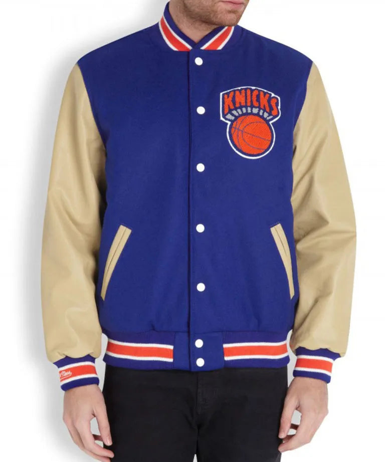 New York Knicks Varsity Blue Wool & Beige Genuine Leather Sleeves Men's Letterman Jacket