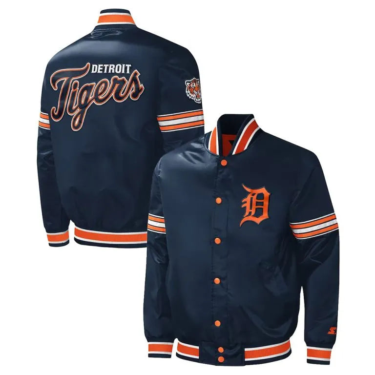 Detroit Tigers Midfield Navy Blue Satin Full-Snap Varsity Men's Jacket