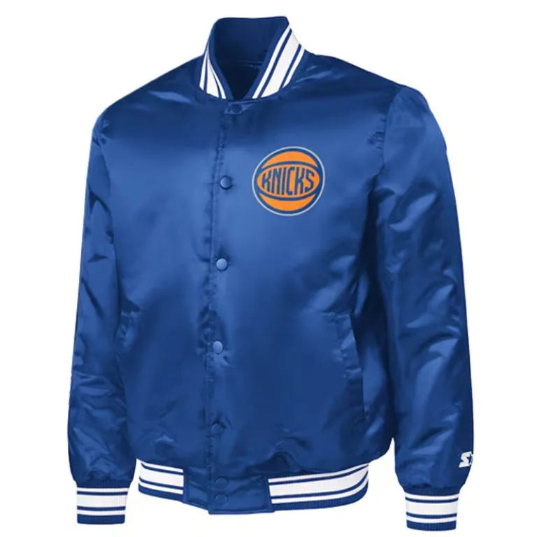 New York Knicks Team Name Full-Snap Varsity Blue Satin Men's Bomber Jacket
