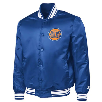 New York Knicks Team Name Full-Snap Varsity Blue Satin Men's Bomber Jacket