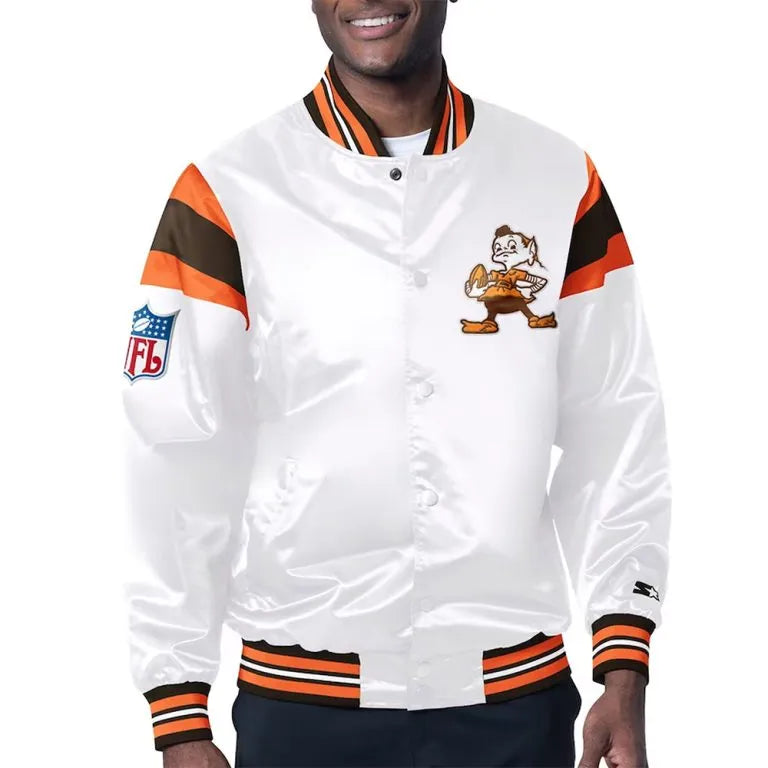 Cleveland Browns Midweight Full-Snap Varsity White Satin Men's Bomber Jacket