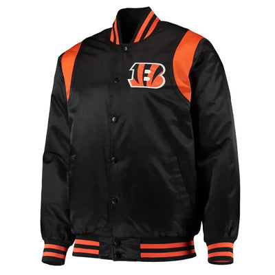 Cincinnati Bengals Prime Time Full-Snap Varsity Black Satin Men's Bomber Jacket