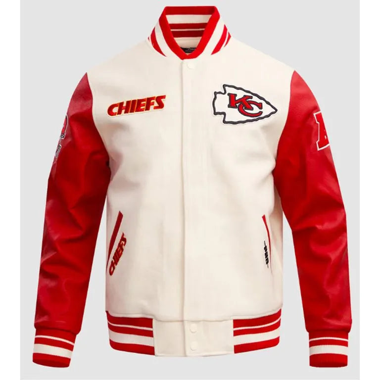 Kansas City Chiefs Off-White Wool and Red Genuine Leather Sleeves Men's Varsity Letterman Jacket