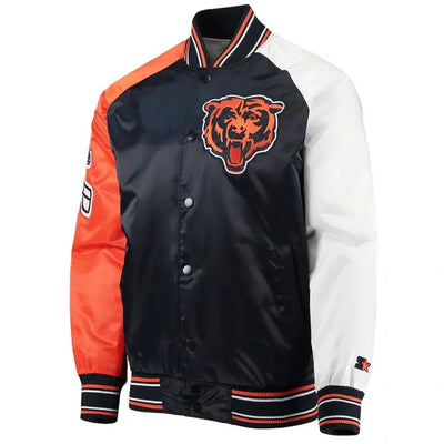 Chicago Bears The Reliever Full-Snap Varsity Tri Color Satin Men's Bomber Jacket