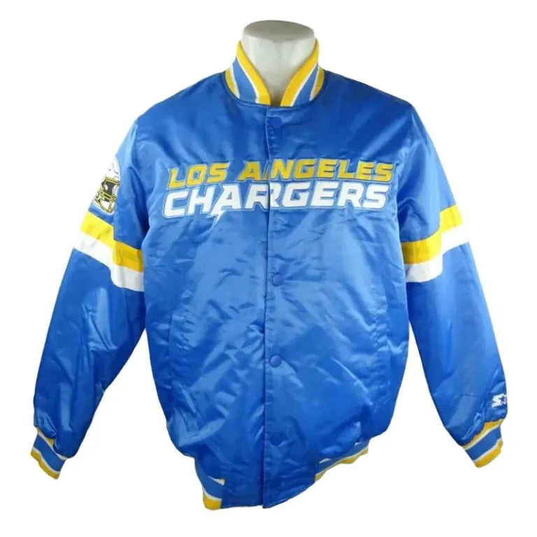 Los Angeles Chargers Striped Full-Snap Varsity Royal Blue Satin Men's Bomber Jacket
