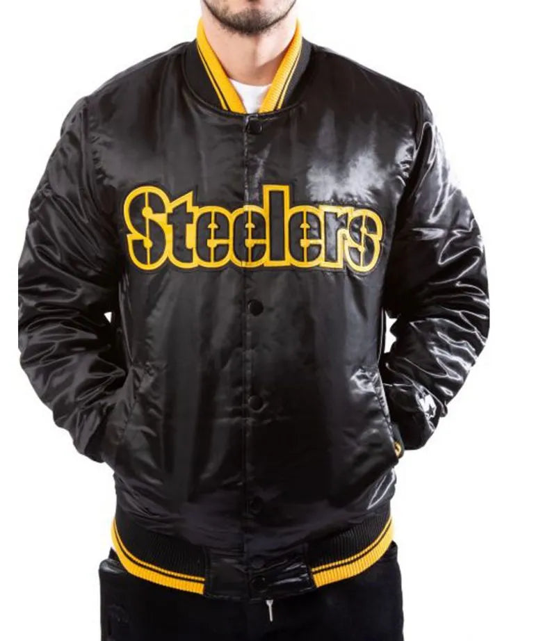 Pittsburgh Steelers Full-Snap Varsity Black Satin Men's Bomber Jacket