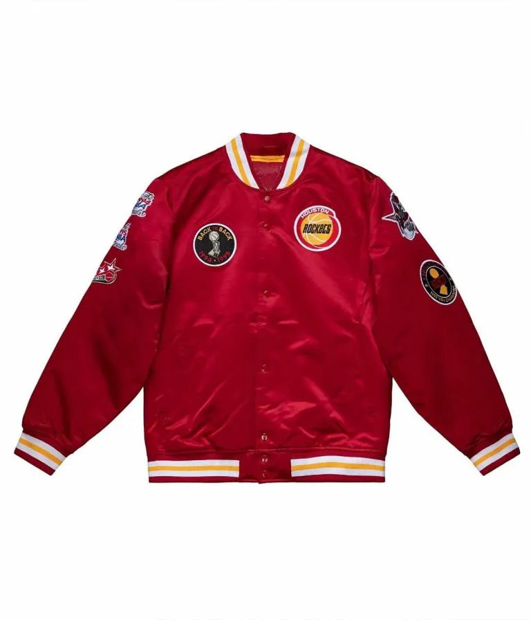 Houston Rockets Champ City Full-Snap Varsity Red Satin Men's Bomber Jacket