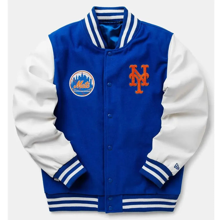 NY Mets Wordmark Varsity Royal Blue Wool & White Leather Sleeves Men's Jacket