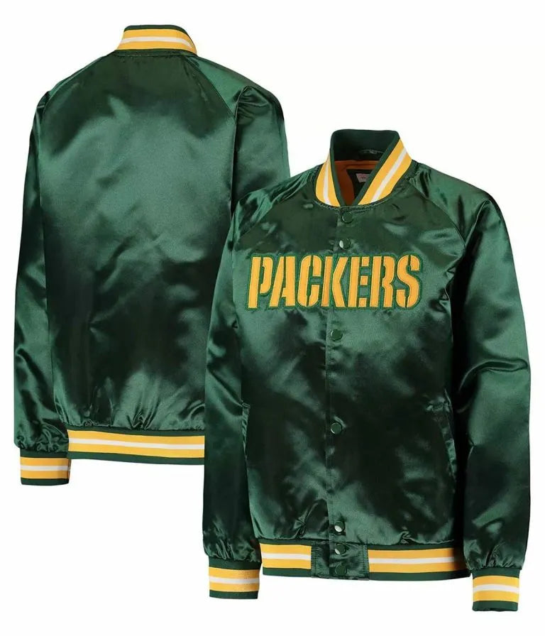 Green Bay Packers Lightweight Full-Snap Varsity Green Satin Men's Bomber Jacket