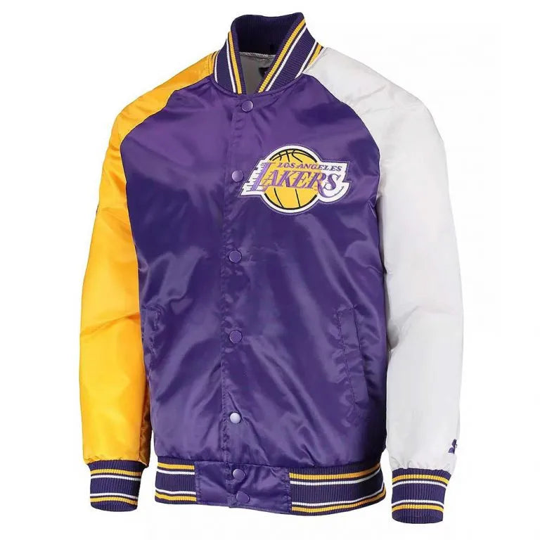 Los Angeles Lakers Reliever Full-Snap Varsity Tri Color Satin Men's Bomber Jacket