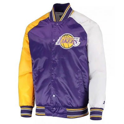 Los Angeles Lakers Reliever Full-Snap Varsity Tri Color Satin Men's Bomber Jacket