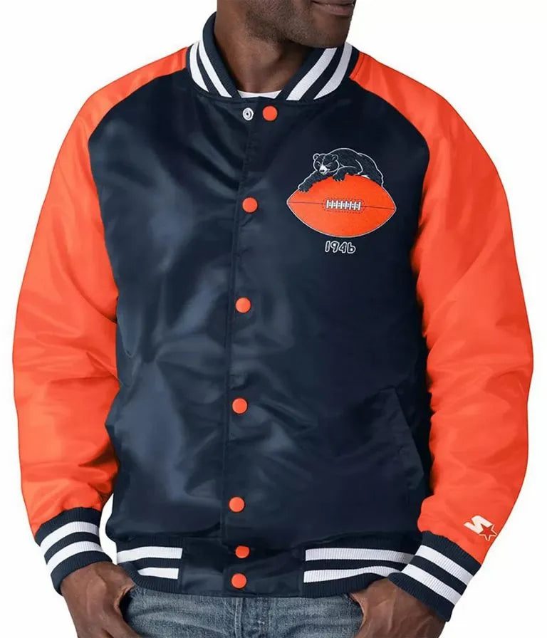 Chicago Bears Clean Up Throwback Varsity Navy Blue and Orange Satin Men's Bomber Jacket