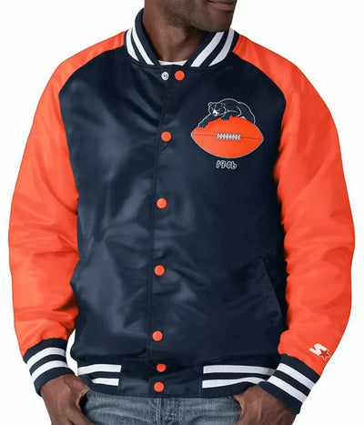 Chicago Bears Clean Up Throwback Varsity Navy Blue and Orange Satin Men's Bomber Jacket