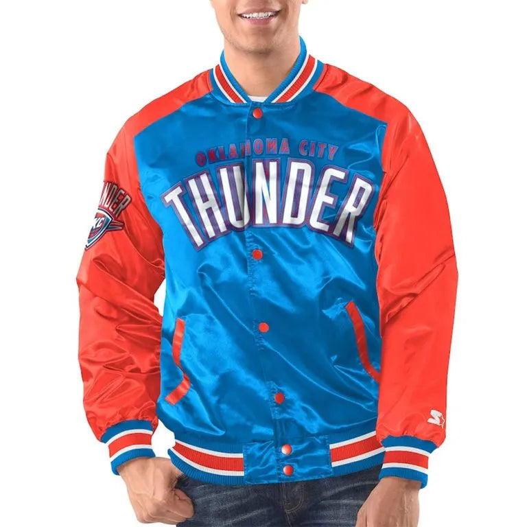 Oklahoma City Thunder Renegade Full-Snap Varsity Blue/Orange Satin Men's Bomber Jacket