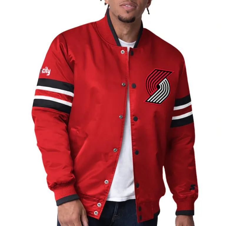 Portland Trail Blazers Scout I Full-Snap Varsity Red Satin Men's Bomber Jacket