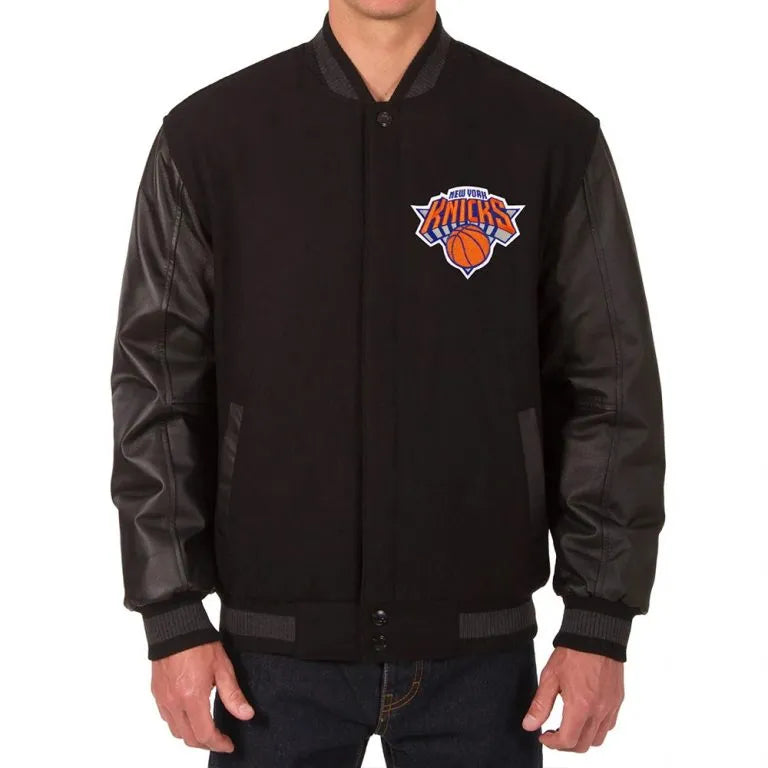 New York Knicks Varsity Black Wool & Genuine Leather Sleeves Men's Letterman Jacket