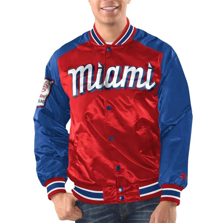 Miami Marlins Renegade Red/Blue Satin Full-Snap Varsity Men's Jacket