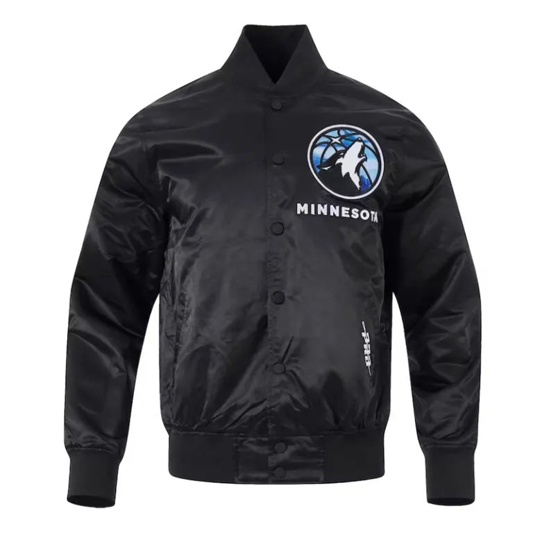 Minnesota Timberwolves 2024/25 City Edition Full-Snap Varsity Black Satin Men's Bomber Jacket