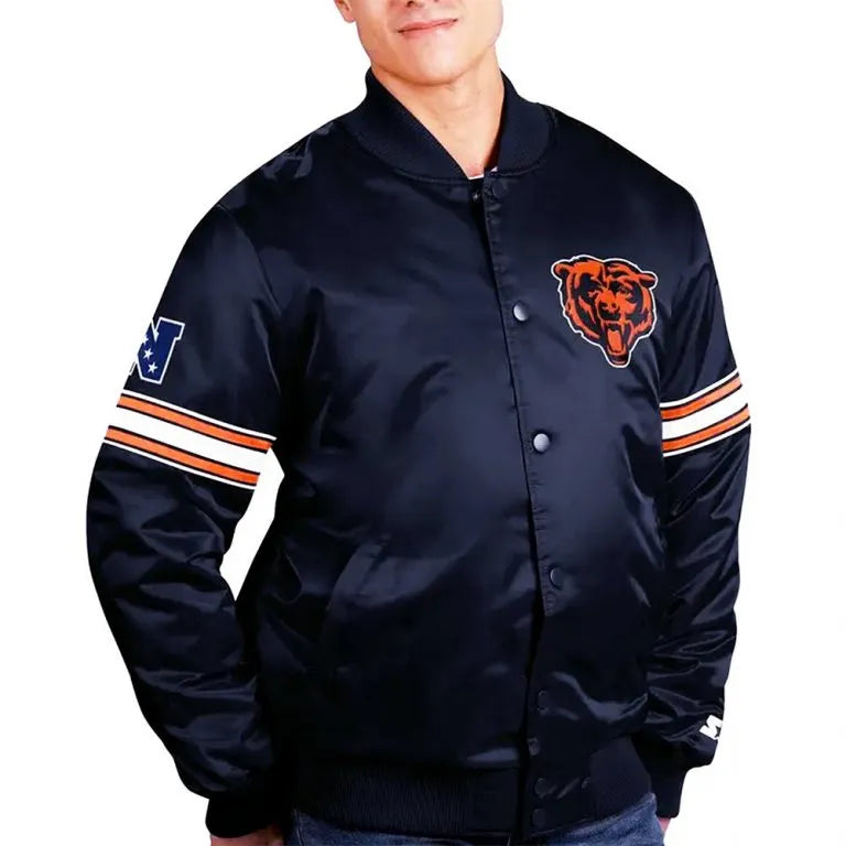 Chicago Bears The Pick and Roll Full-Snap Varsity Blue Satin Men's Bomber Jacket