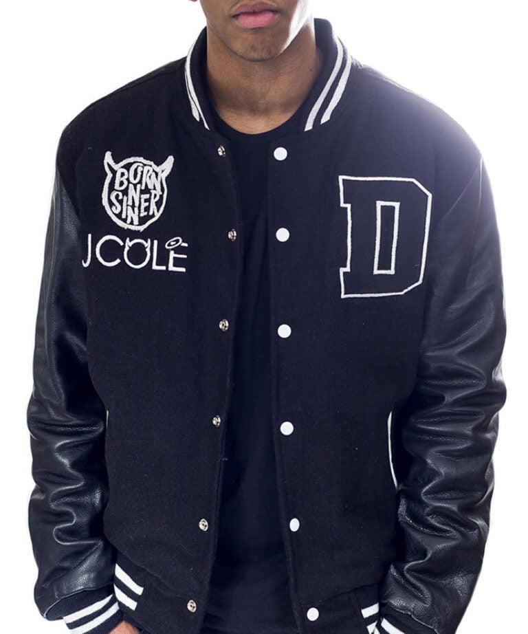 Men’s Born Sinner Dreamville Dollar And a Dream Navy Blue Wool & Leather Letterman Varsity Jacket