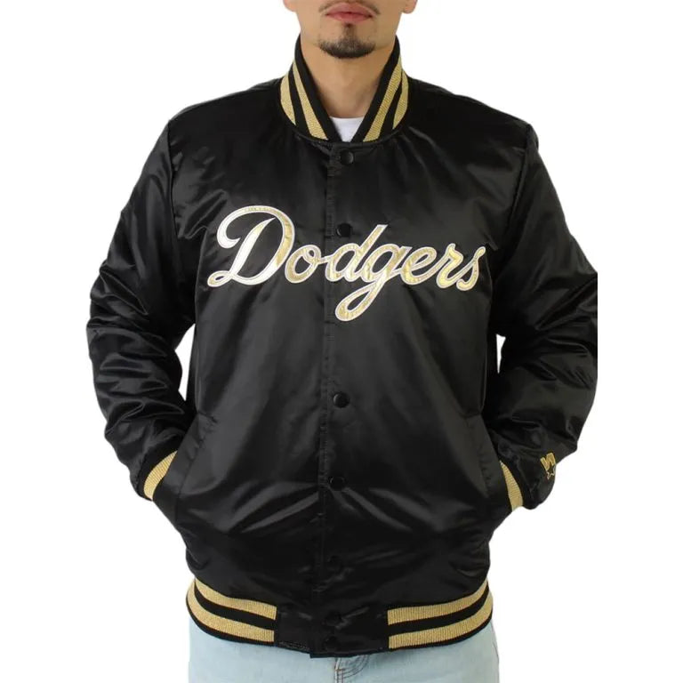 Los Angeles Dodgers Gold Patches Black Satin Full-Snap Men's Jacket