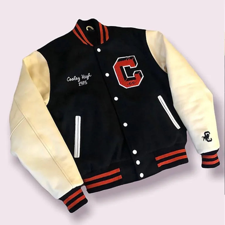 Cooley High Varsity Black Wool & Off White Genuine Leather Sleeves Men's Letterman Jacket