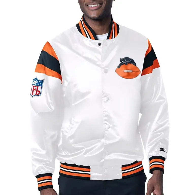 Chicago Bears Midweight Full-Snap Varsity White Satin Men's Bomber Jacket